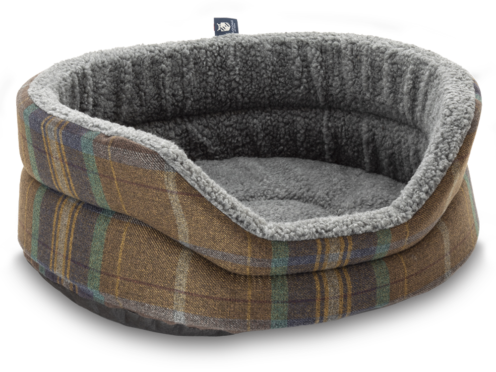 Pet Luxury Snug Oval Dog Bed 6 Sizes in our Avondale Signature Tartan Brown-Burgundy-Rust